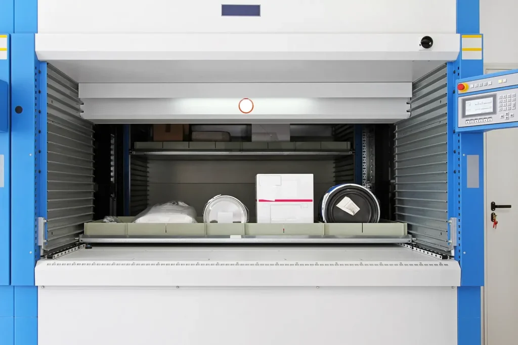 Automatisches Lagersystem mit Tablaren zur Aufnahme von Kartons und Behältern.